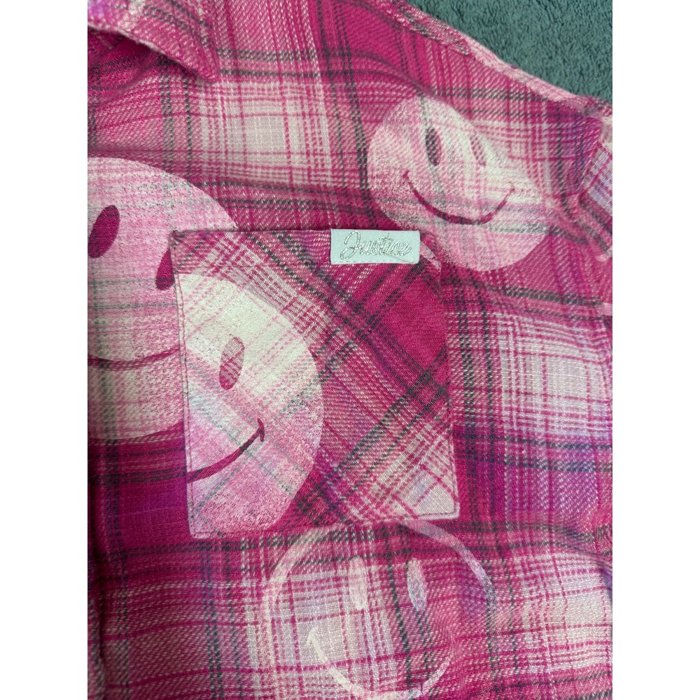 Justice Girls Pink Plaid Smiley Face Flannel Button Down Shirt Size S 7/8 - Picture 6 of 8